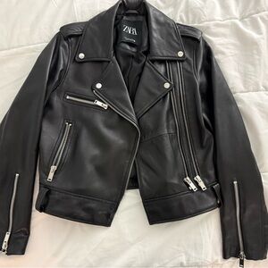 Zara Black Genuine Leather Moto Jacket with Silver Hardware